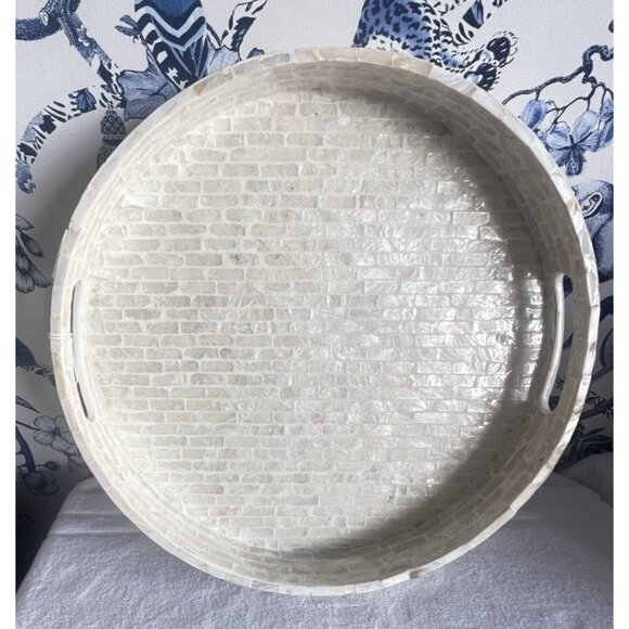 Round Mother Of Pearl Tray White Capiz Shell 16" D Ivory White Elegant Beautiful - Picture 4 of 11
